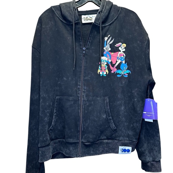 Women’s Looney Tunes DC Comics Full Zip Up Hoodie NWT size‎ large black marble - Picture 1 of 14